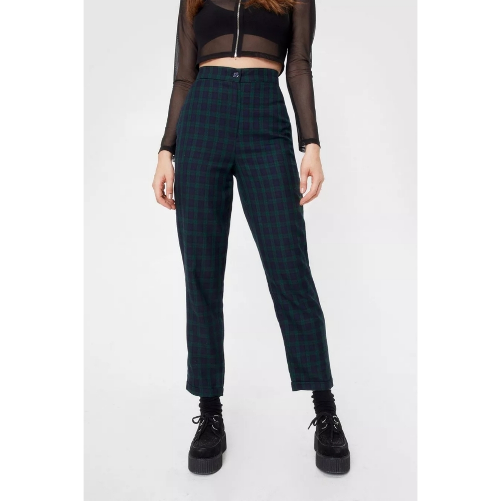 Nasty Gal High-Waisted Tartan Green Plaid Pants Size 6